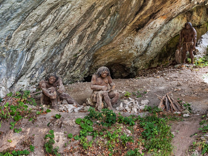 Ojcow, Poland - August 15th, 2020. Reconstruction of a Neanderthal camp by the Dark Cave (Jaskinia C...