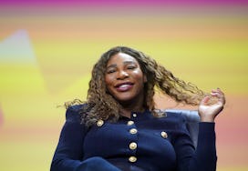10 May 2023, Hamburg: Pregnant Serena Williams, former tennis player, sits on stage at the OMR digit...