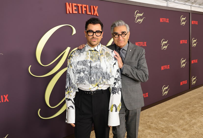 LOS ANGELES, CALIFORNIA - DECEMBER 19: (L-R) Dan Levy and Eugene Levy attend the premiere of "Good G...