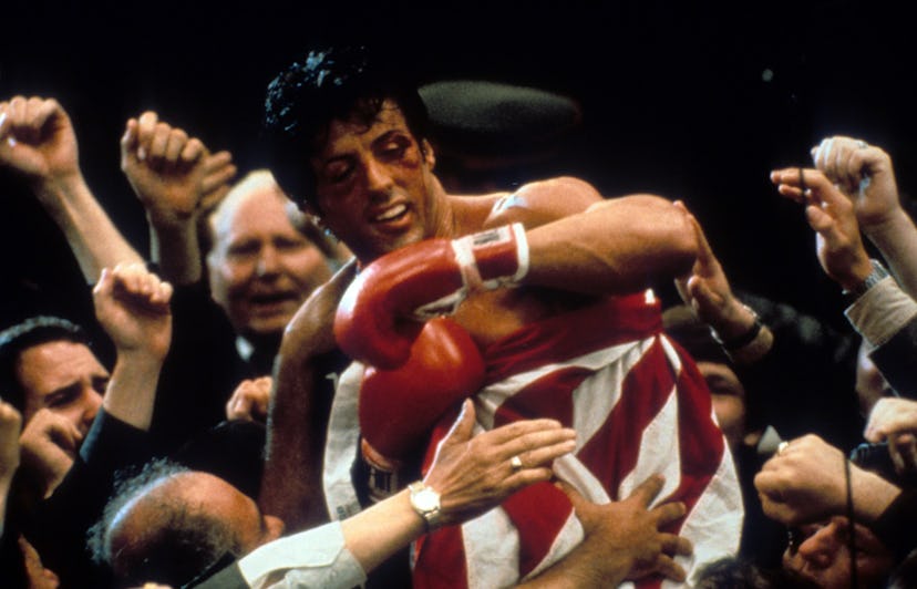 Sylvester Stallone after winning in a scene from the film 'Rocky IV', 1985. (Photo by United Artists...