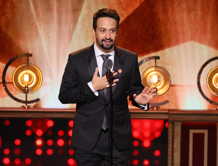 NEW YORK, NEW YORK - JUNE 11: Lin-Manuel Miranda speaks onstage during The 76th Annual Tony Awards a...
