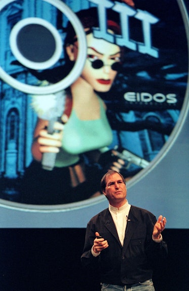 Apple Computer interim CEO Steve Jobs introduces new games for the Macintosh during his keynote addr...