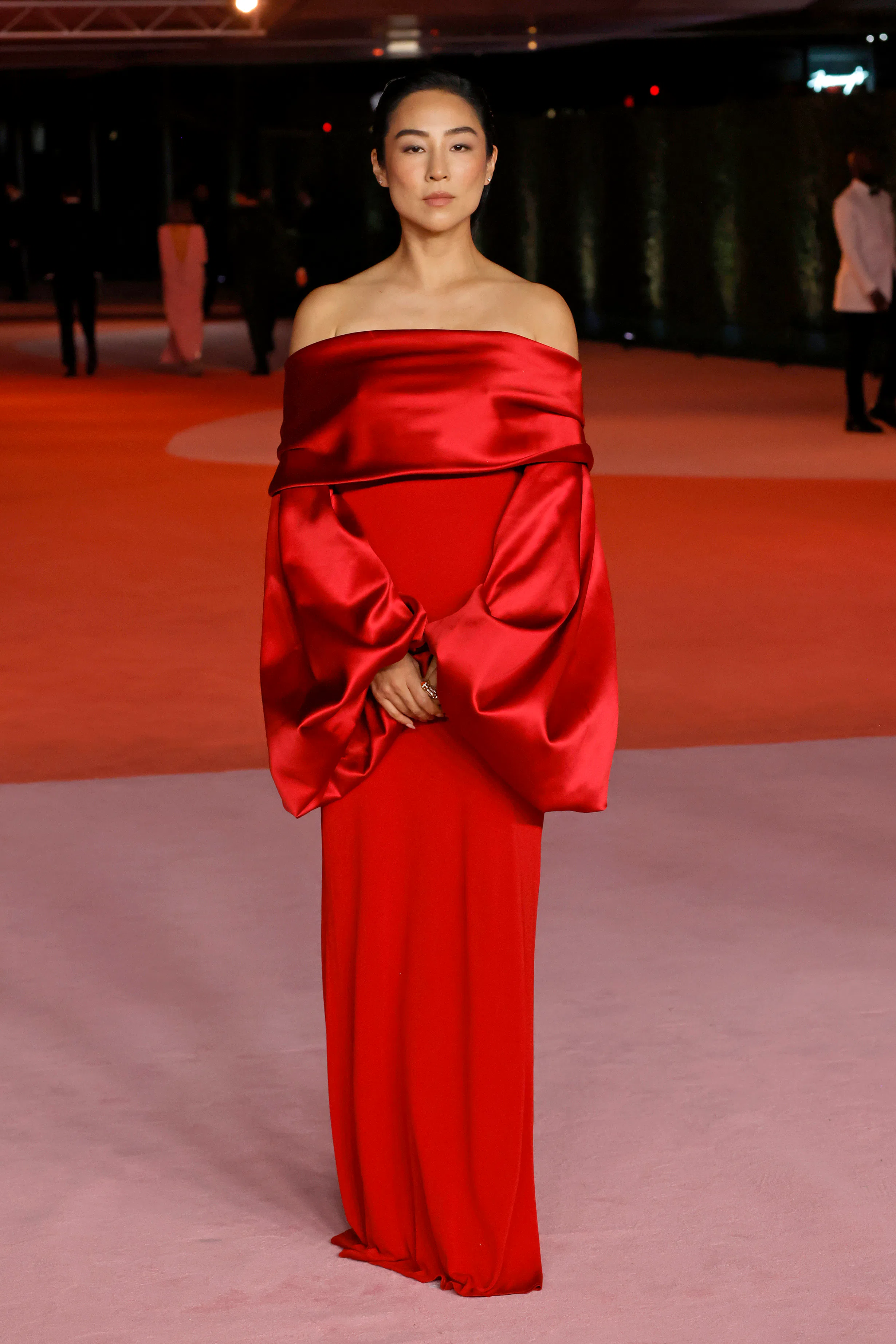 greta lee golden globes dress Lee's Best Red Carpet Fashion Moments Feature Bold Colors & Dramatic Silhouettes Sultan Dress Custom