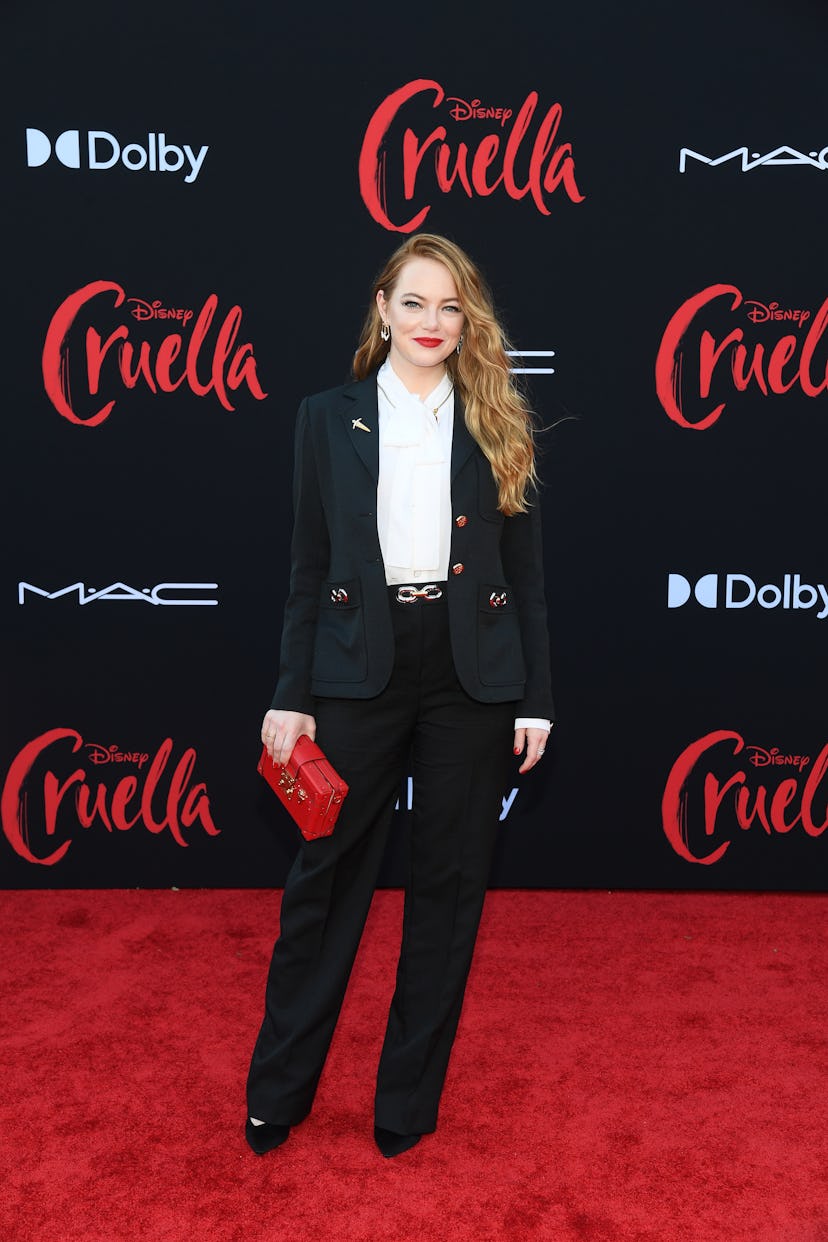Emma Stone arrives to the premiere of Disney’s ‘Cruella’ at the El Capitan Theatre on May 18, 2021. ...