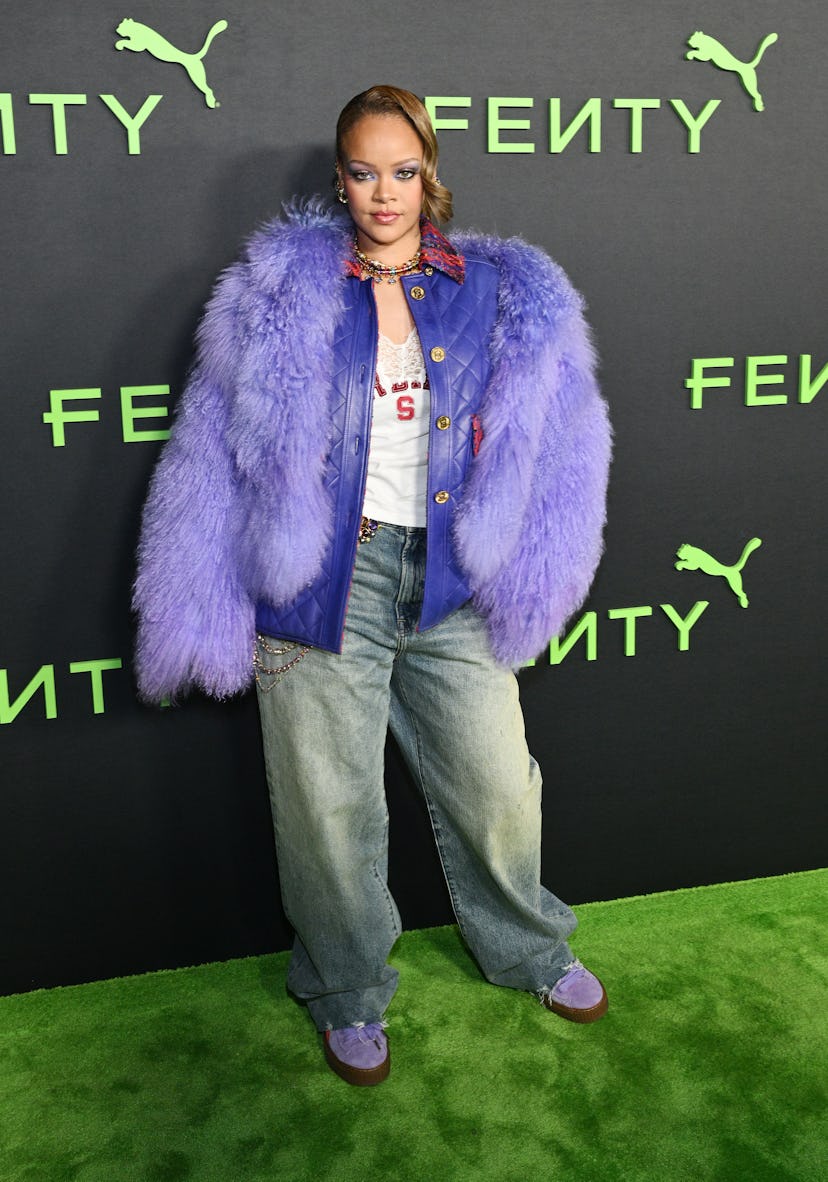 Rihanna wears a purple fur coat from The Attico over a vintage Chanel quilted tweed jacket