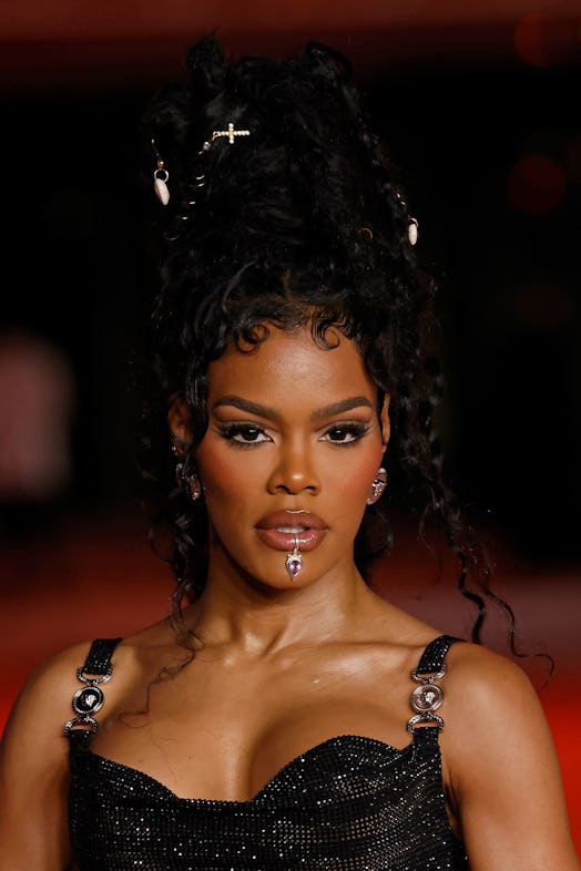 Teyana Taylor attended the 3rd Annual Academy Museum Gala in 2023 with graphic cut crease eye makeup…
