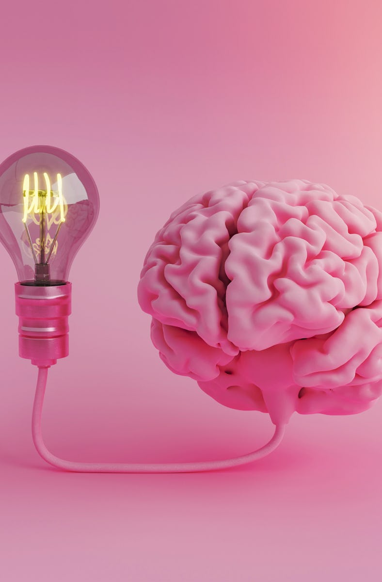 brain connected to an illuminated light bulb. monochromatic scene in pastel color. minimal concept o...