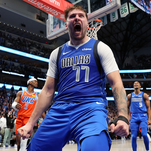 DALLAS, TEXAS - DECEMBER 02: Luka Doncic #77 of the Dallas Mavericks reacts after a basket in the fo...