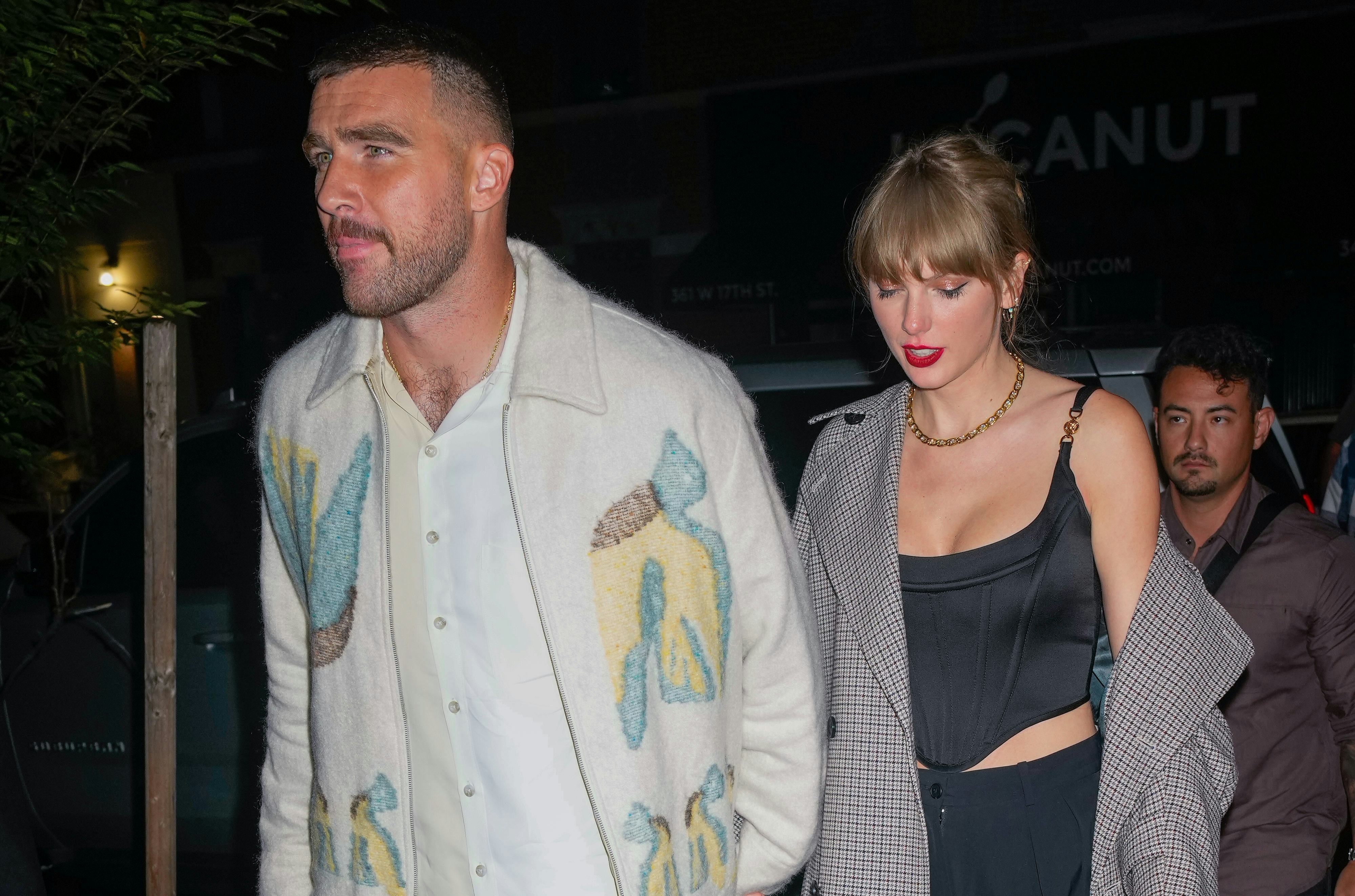 NEW YORK, NY - OCTOBER 15: Travis Kelce and Taylor Swift are seen leaving the SNL after party on Oct&hellip;