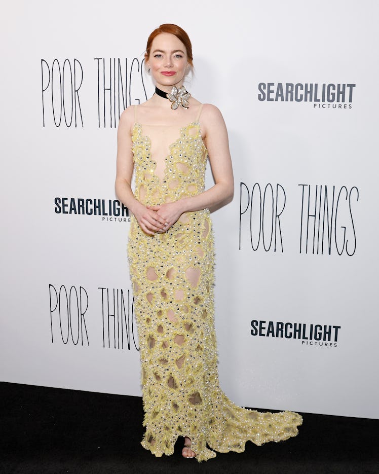 NEW YORK, NEW YORK - DECEMBER 06: Emma Stone attends the premiere of "Poor Things" at DGA Theater on...