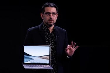 Panos Panay, chief product officer of Microsoft Corp., displays the new Surface Laptop 3 computer du...