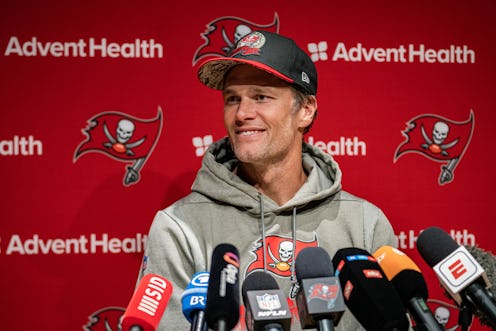 MUNICH, GERMANY - NOVEMBER 11: Tom Brady #12 of the Tampa Bay Buccaneers speaks during a press confe...