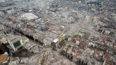 An aerial view of collapsed buildings as search and rescue efforts continue after 7.7 and 7.6 magnit...