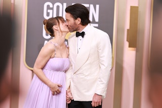 Kaley Cuoco and Tom Pelphrey attend the 80th Annual Golden Globe Awards at The Beverly Hilton on Jan...