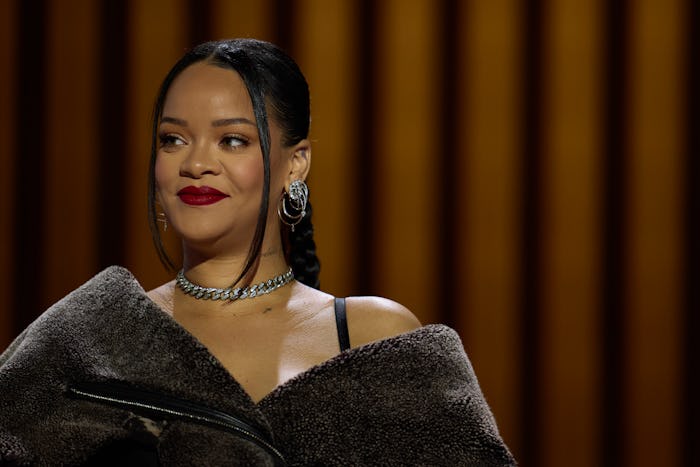 PHOENIX, AZ - FEBRUARY 09: Rihanna speaks during a press conference for the Apple Music Super Bowl 5...