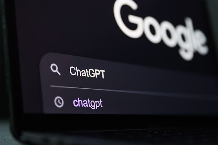 'ChatGPT' word in Google search engine is seen displayed on a laptop screen in this illustration pho...