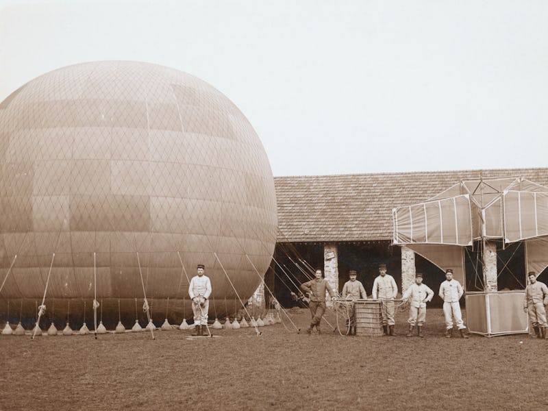 French military personel with a tethered observation balloon and a kite, circa 1910. (Photo by Sean ...