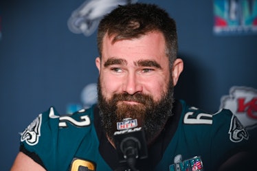 Philadelphia Eagles center Jason Kelce speaks during a press conference at the Sheraton Grand at Wil...