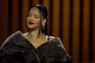 Rihanna speaks during a press conference for the Apple Music Super Bowl 57 halftime show at the Phoe...