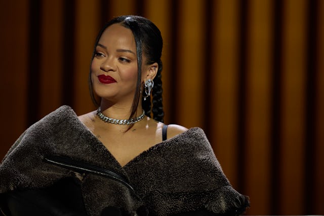 Rihanna speaks during a press conference for the Apple Music Super Bowl 57 halftime show at the Phoe...