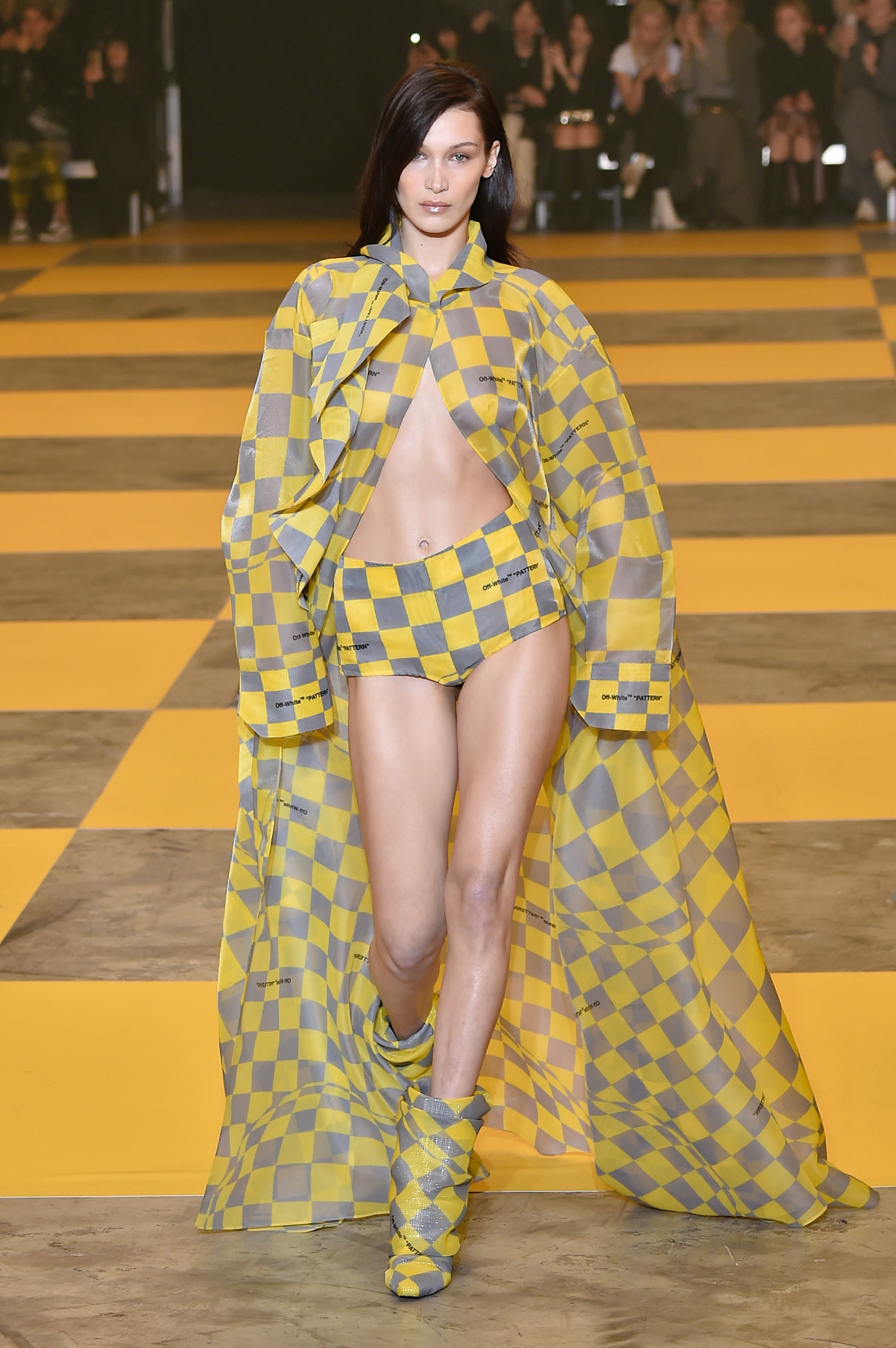 Bella Hadid walked the Off-White Paris Fashion Week Fall/Winter 2019/2020 runway in the pantsless tr&hellip;