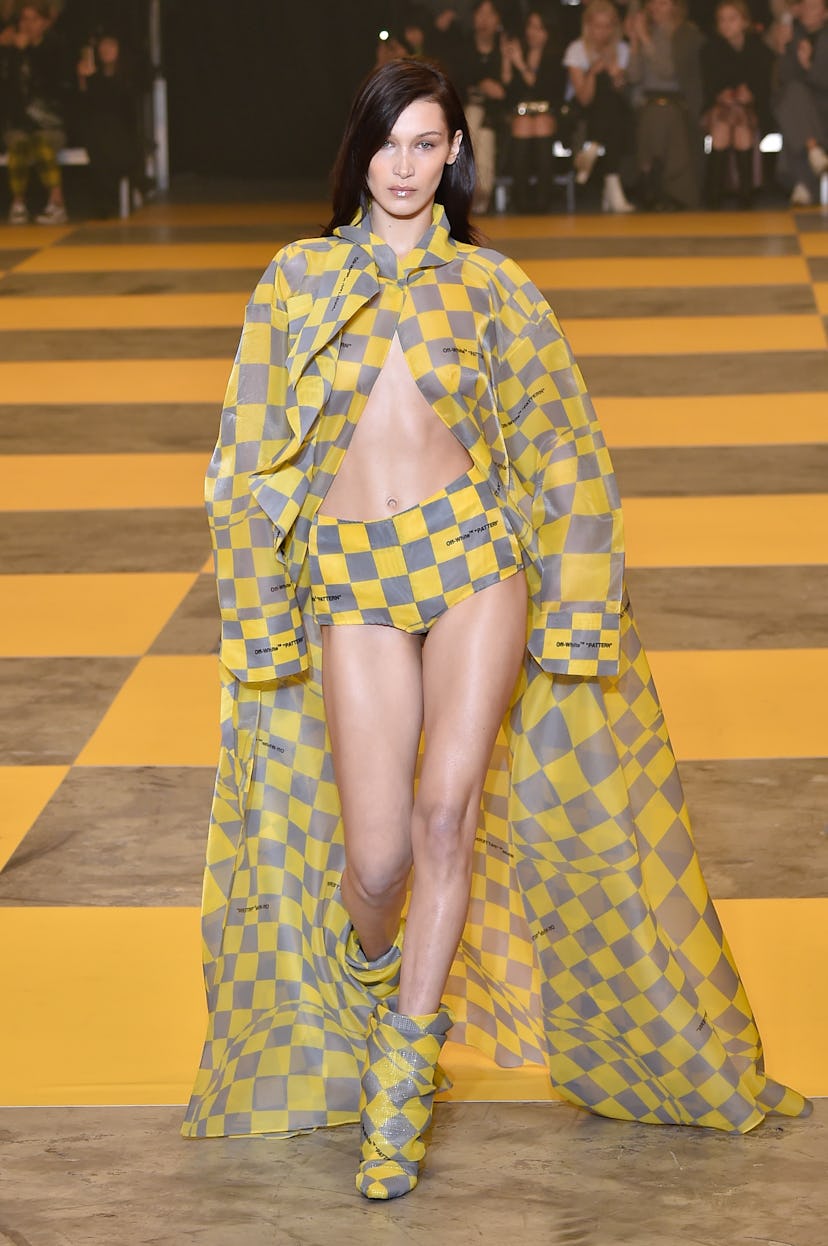 Bella Hadid walked the Off-White Paris Fashion Week Fall/Winter 2019/2020 runway in the pantsless tr...