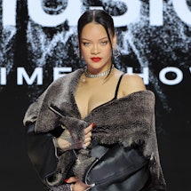 PHOENIX, ARIZONA - FEBRUARY 09: Rihanna speaks onstage during the Super Bowl LVII Pregame & Apple Mu...