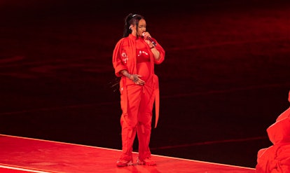 Rihanna performs at the Apple Super Bowl LVII Halftime Show held at State Farm Stadium on February 1...