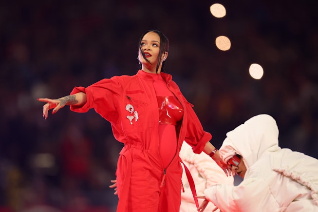 GLENDALE, ARIZONA - FEBRUARY 12: Rihanna performs onstage during the Apple Music Super Bowl LVII Hal...