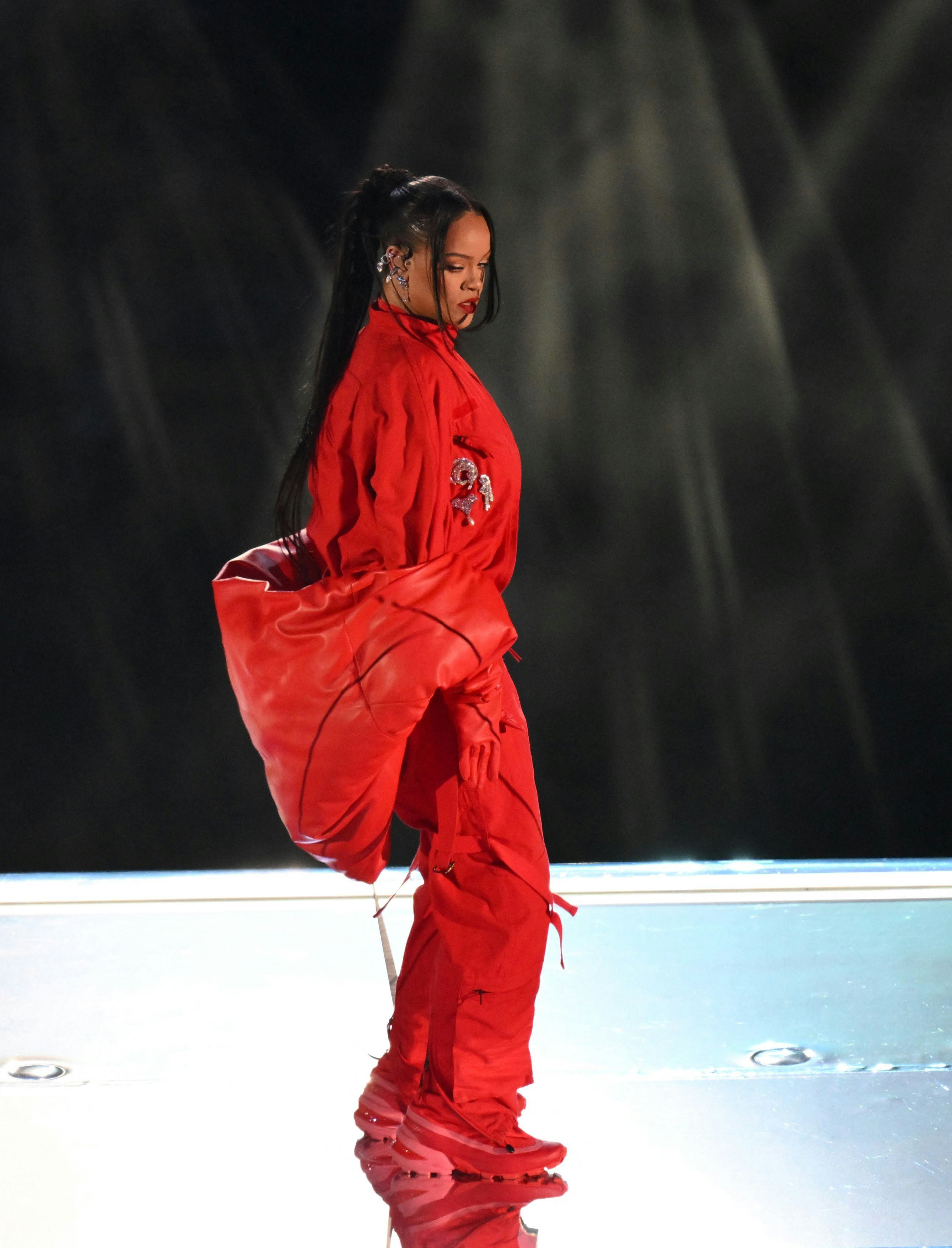 Barbadian singer Rihanna performs during the halftime show of Super Bowl LVII between the Kansas Cit...