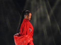 Barbadian singer Rihanna performs during the halftime show of Super Bowl LVII between the Kansas Cit...