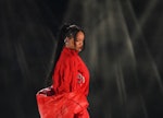 Barbadian singer Rihanna performs during the halftime show of Super Bowl LVII between the Kansas Cit...