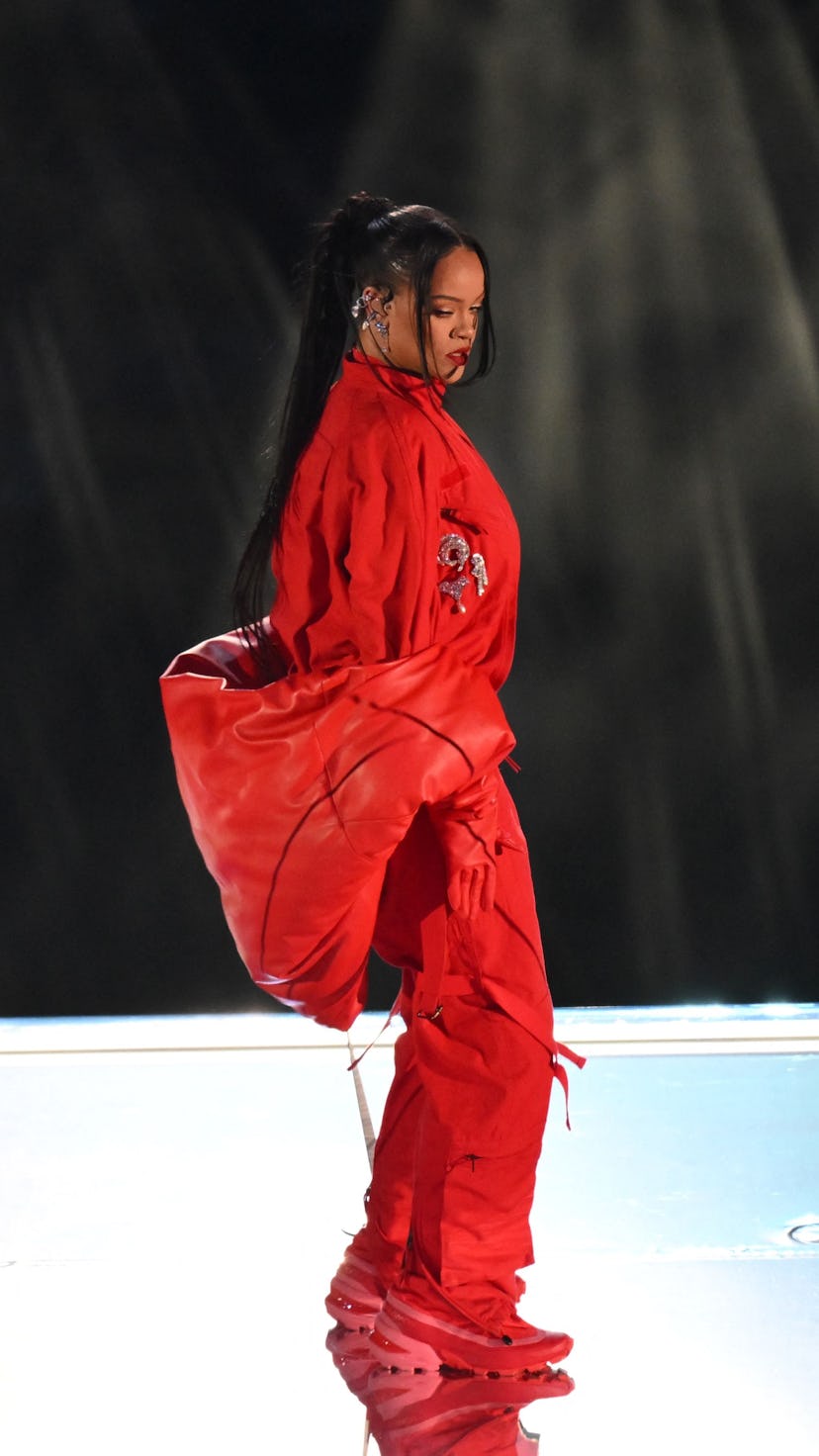 Barbadian singer Rihanna performs during the halftime show of Super Bowl LVII between the Kansas Cit...