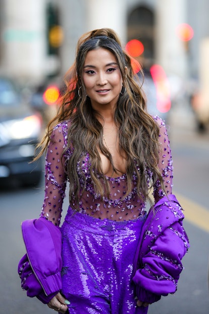 Ashley Parks in a half-up ponytail outside Patbo during New York Fashion Week on February 11, 2023 in New York...