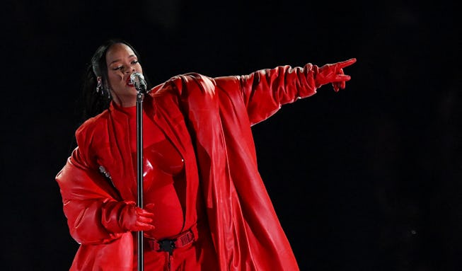 Barbadian singer Rihanna performs during the halftime show of Super Bowl LVII between the Kansas Cit...