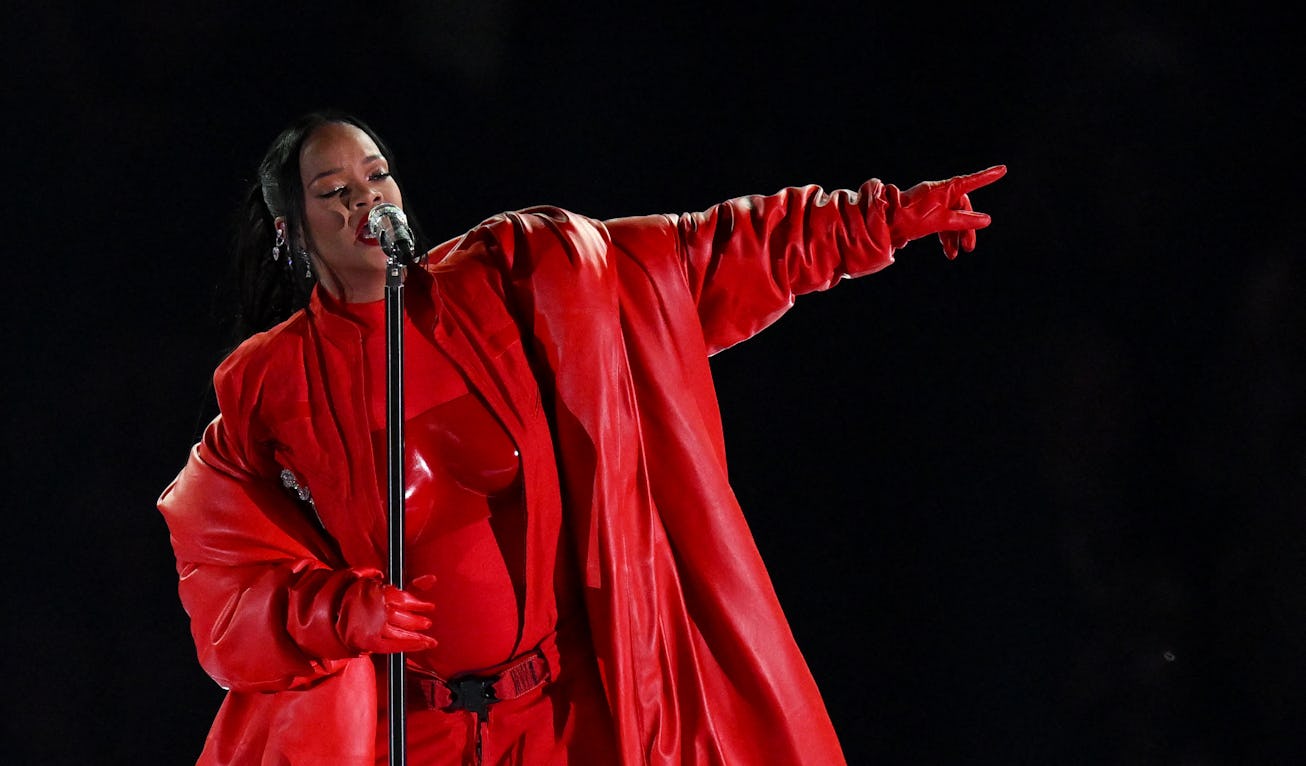 Barbadian singer Rihanna performs during the halftime show of Super Bowl LVII between the Kansas Cit...