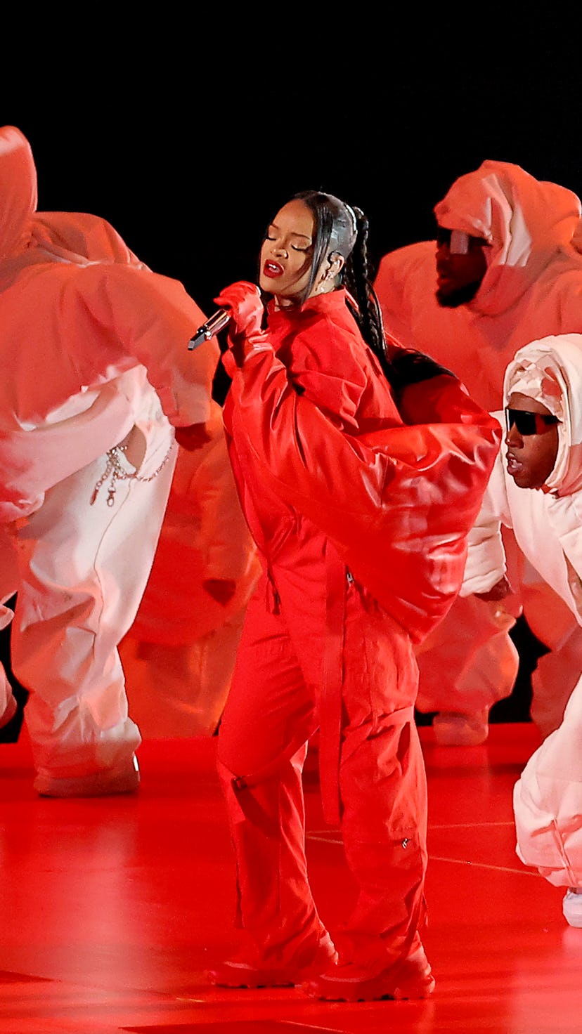 GLENDALE, ARIZONA - FEBRUARY 12: Rihanna performs onstage during the Apple Music Super Bowl LVII Hal...