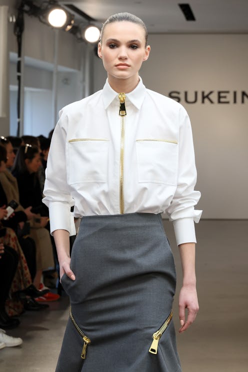 NEW YORK, NEW YORK - FEBRUARY 11: A model walks the runway at the Sukeina show during New York Fashi...