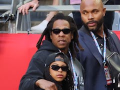 Jay-Z and Blue Ivy Carter attend the Super Bowl LVII Pregame, and Jay-Z took Blue Ivy's Instagram pi...