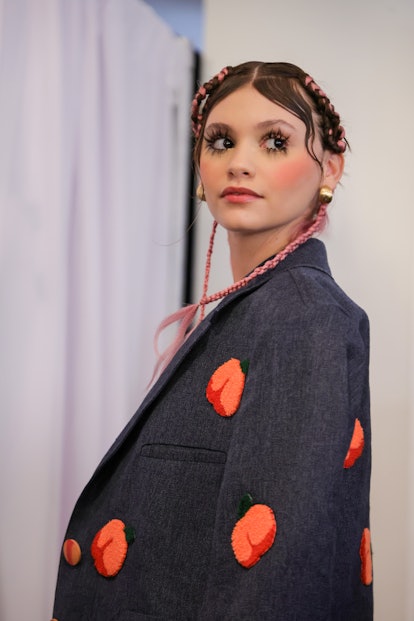 NEW YORK, NEW YORK - FEBRUARY 12: A model prepares backstage at the Melke show during New York Fashi...