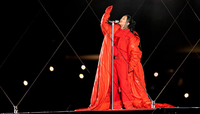 Rihanna performs at the Apple Super Bowl LVII Halftime Show held at State Farm Stadium on February 1...
