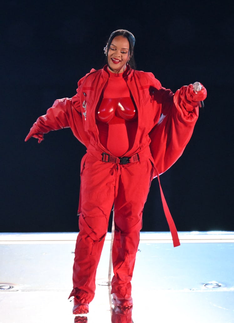 Barbadian singer Rihanna performs during the halftime show of Super Bowl LVII between the Kansas Cit...