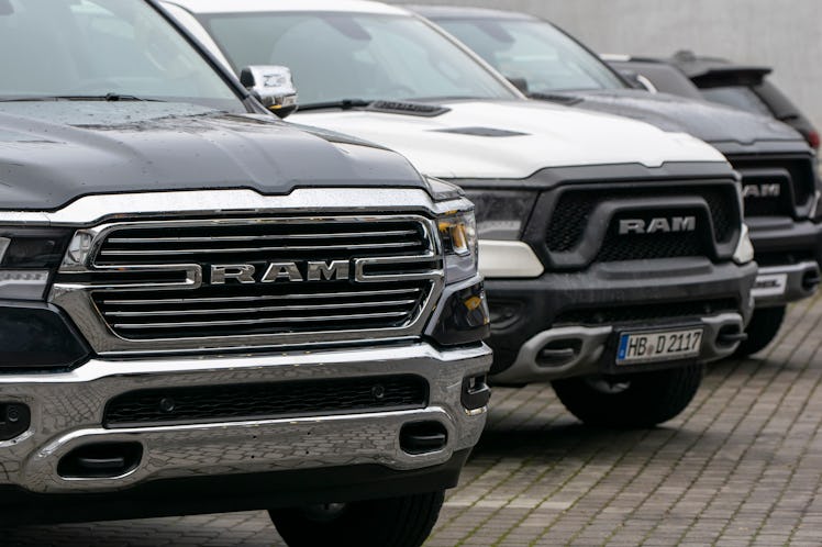 Berlin, Germany - 11 January, 2020: RAM 1500 pick-up vehicles on a public parking. This model is one...