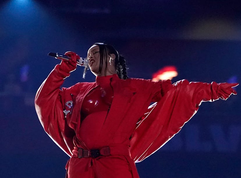 Rihanna performs her setlist during the halftime show of Super Bowl LVII.