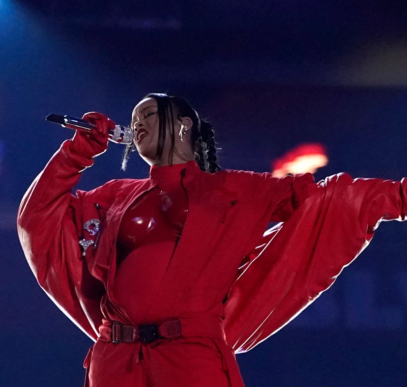 Rihanna performs her setlist during the halftime show of Super Bowl LVII.