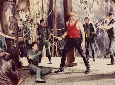 Actors Sam J. Jones and Timothy Dalton in a scene from the film 'Flash Gordon', 1980. (Photo by Stan...