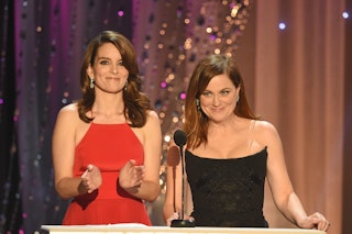 Actors Tina Fey (L) and Amy Poehler speak onstage during The 22nd Annual Screen Actors Guild Awards ...
