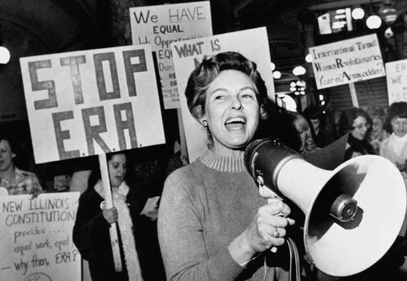 Stop ERA national Chairman Phyllis Schafly leads members opposed to the equal rights amendment in a ...