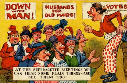 Anti-suffrage, color postcard, with a satirical illustration depicting a mature woman, with buck tee...