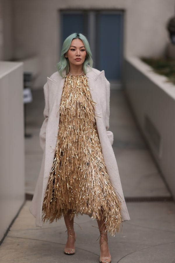 Tina Leung New York Fashion Week street style in fringe 